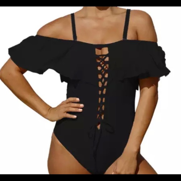 Black Ruffle Lace Up Swimsuit - Picture 4 of 6